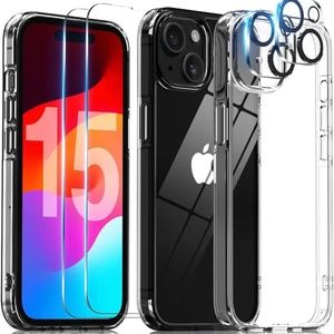 New iPhone 15 Clear Case w/ 2 Glass Screen Protector + 2 Camera Lens Protector